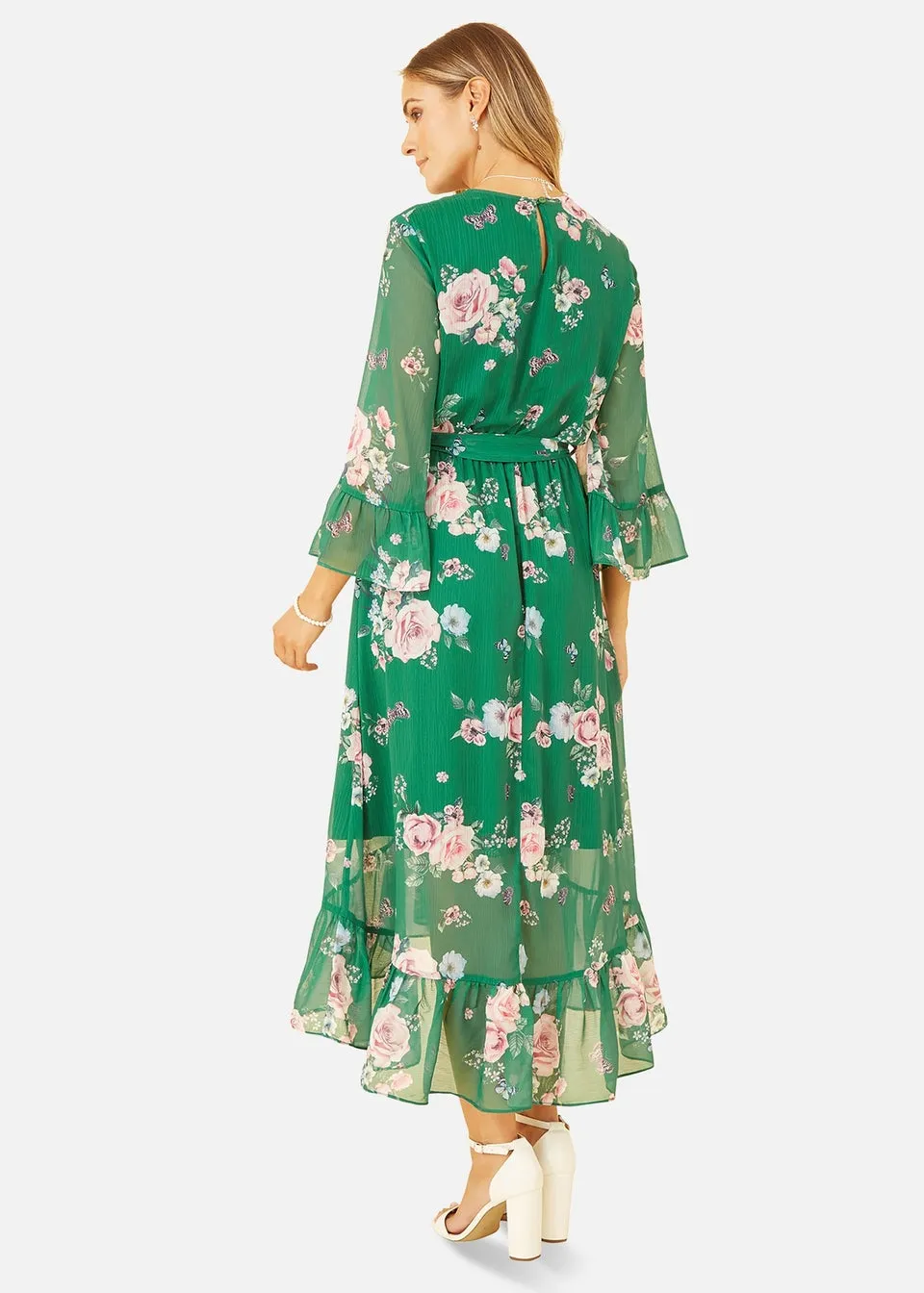 Yumi Green Floral Wrap Dress With Dipped Hem