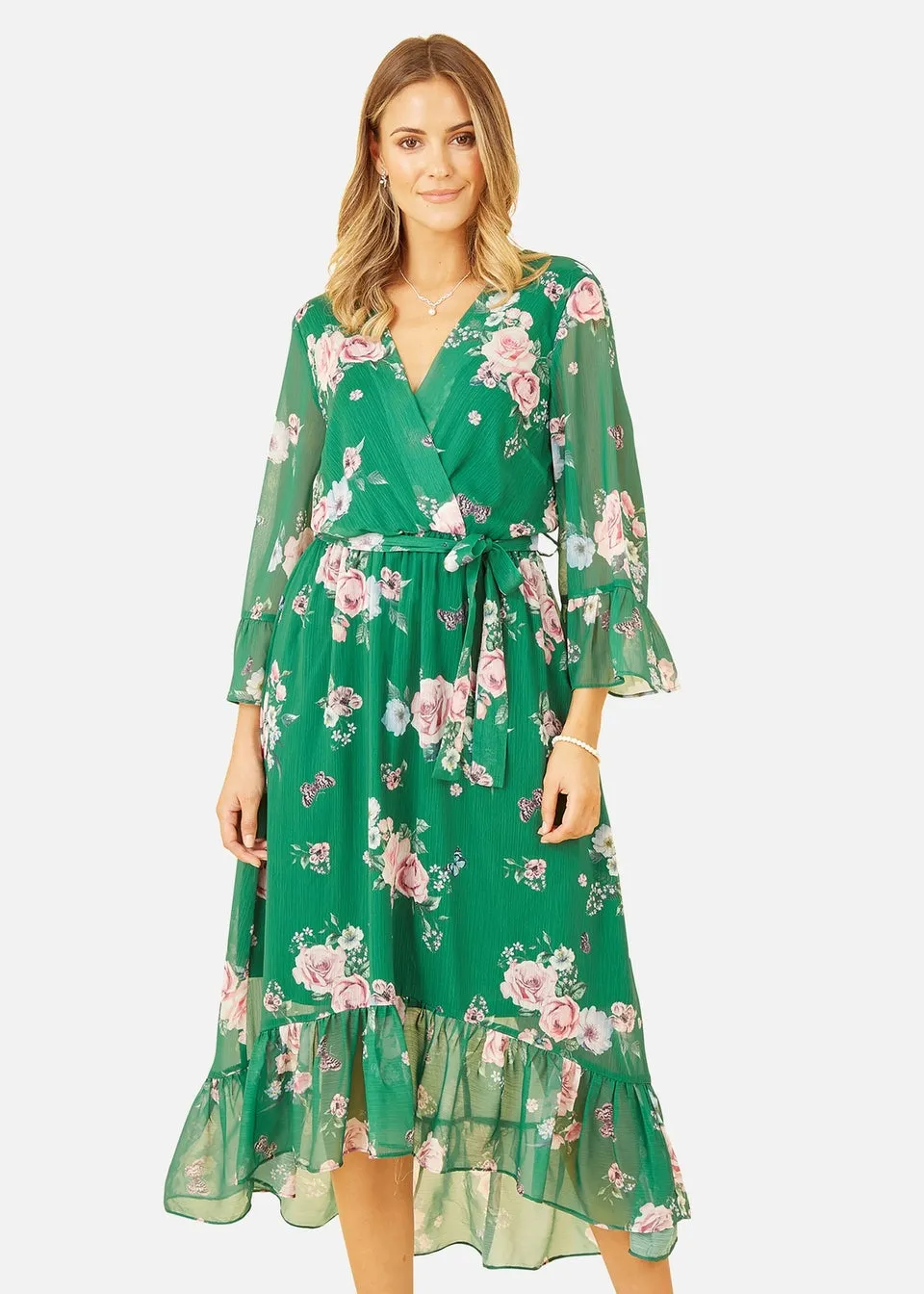 Yumi Green Floral Wrap Dress With Dipped Hem