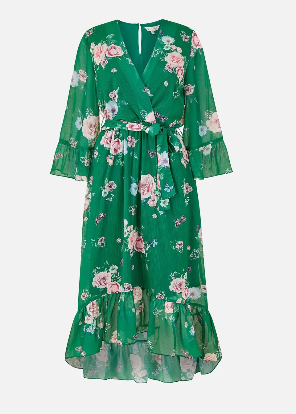 Yumi Green Floral Wrap Dress With Dipped Hem