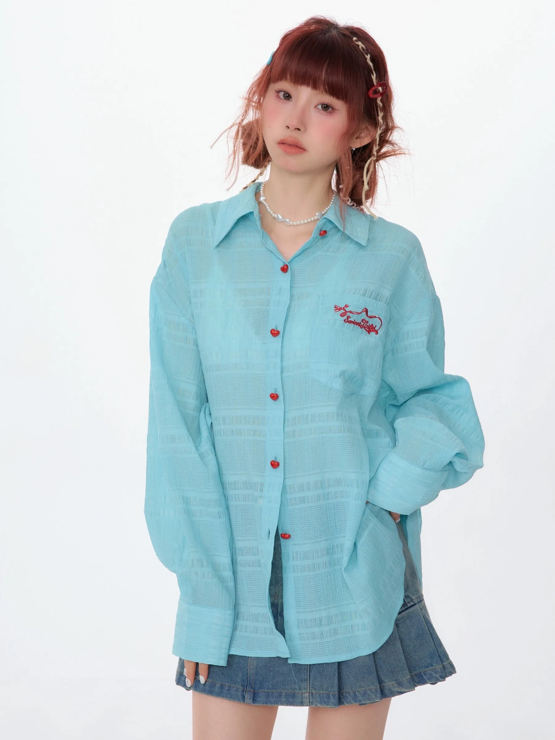 ziziFei spring and summer American retro mid-length loose thin top semi-transparent long-sleeved sun protection shirt jacket for